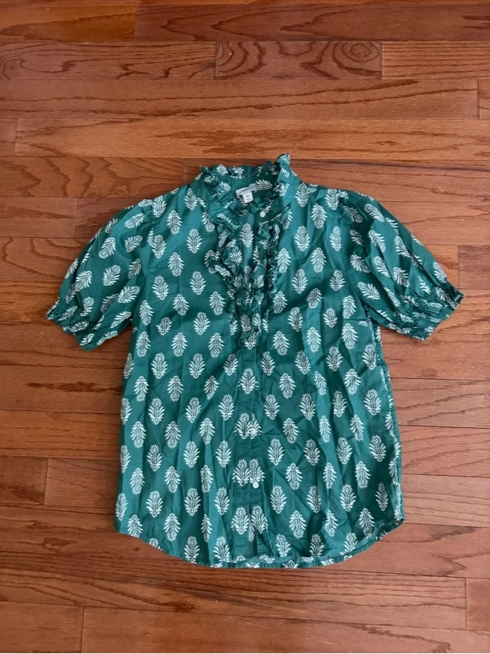 J.Crew Ruffle Neck Green Floral Print Blouse Women's XS Puff Sleeve Top